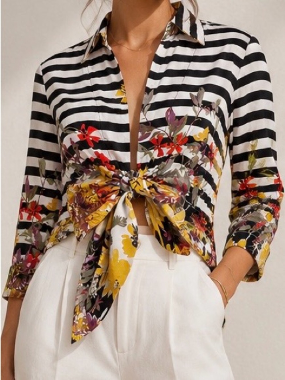 Mishca Vintage Chic Cotton Stretch Striped Floral Tie Front Top / Blouse Size S
